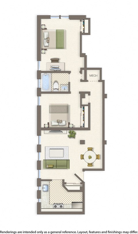 Floor plan for 2 beds, 1 bath, 734 sqft